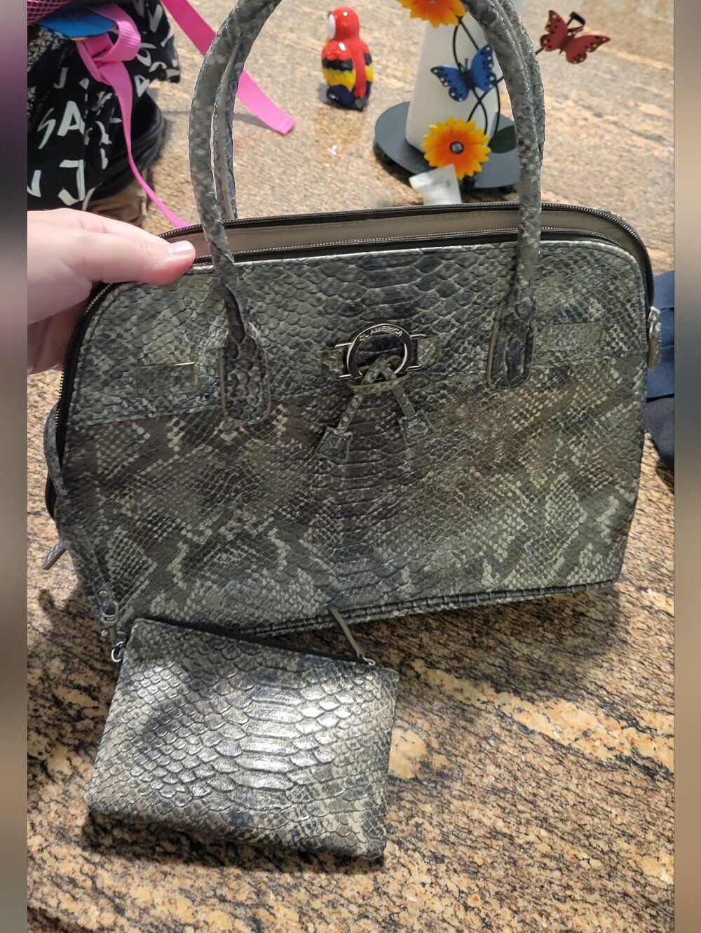 Snake-Embossed Satchel with Matching Pouch - Olive Taupe